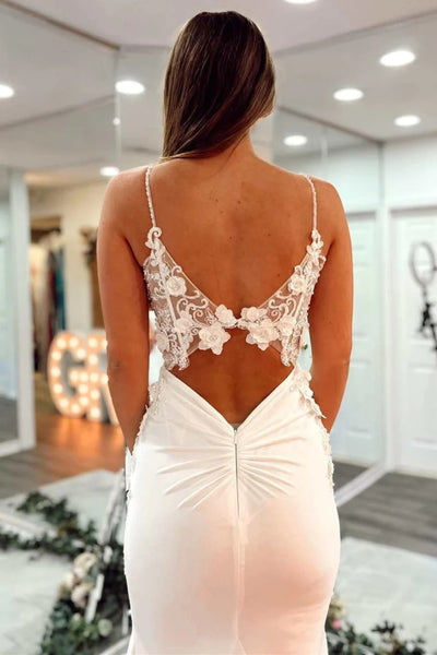 V Neck Open Back Mermaid White Lace Long Prom Dress, Ivory Lace Formal Dress, Mermaid White Evening Dress A1973