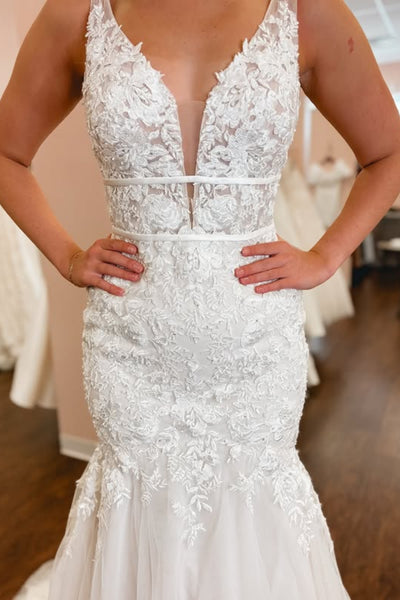 V Neck Open Back Mermaid White Lace Long Prom Dress, Mermaid White Formal Dress, White Lace Evening Dress A2328