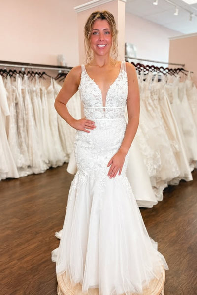 V Neck Open Back Mermaid White Lace Long Prom Dress, Mermaid White Formal Dress, White Lace Evening Dress A2328