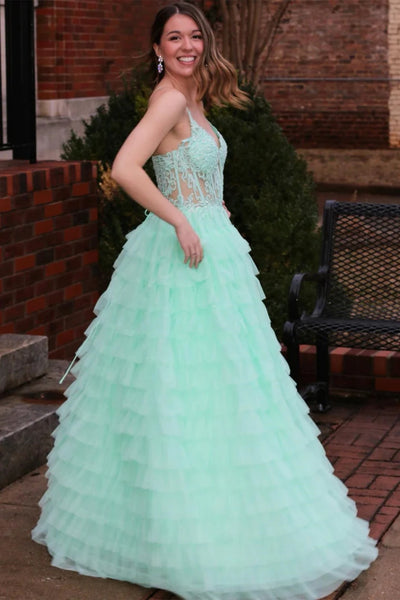 V Neck Open Back Mint Green Lace Ruffle Tiered Long Prom Dress, Mint Green Lace Formal Evening Dresses, Green Ball Gown A2030