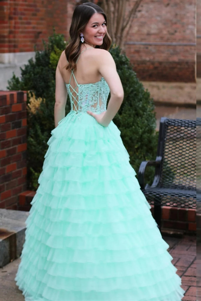 V Neck Open Back Mint Green Lace Ruffle Tiered Long Prom Dress, Mint G