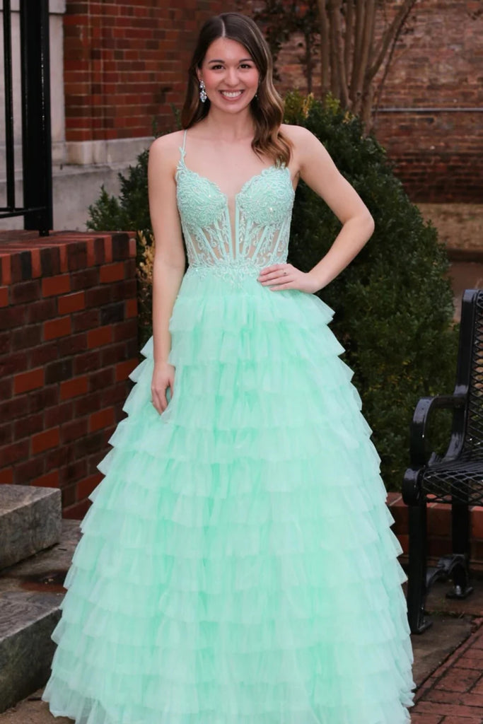 V Neck Open Back Mint Green Lace Ruffle Tiered Long Prom Dress, Mint G abcprom V Neck Open Back Mint Green Lace Ruffle Tiered Long Prom Dress, Mint G abcprom