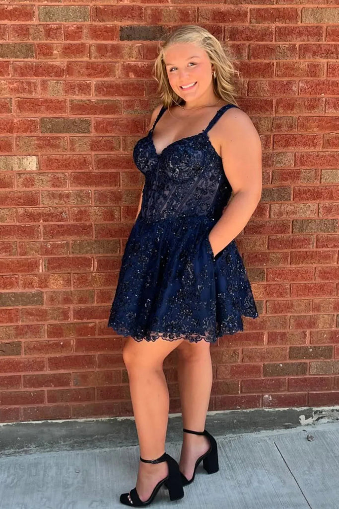 V Neck Open Back Navy Blue Lace Short Prom Dress, Navy Blue Lace Homecoming Dress, Party Dress A2586