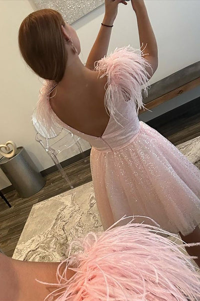 V Neck Open Back Pink Feathers Short Prom Dress, V Neck Pink Homecoming Dress, Pink Formal Graduation Evening Dress A1900