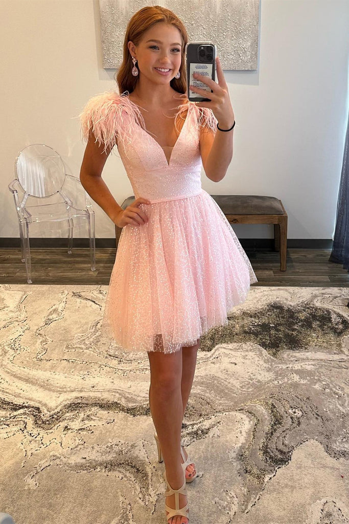 V Neck Open Back Pink Feathers Short Prom Dress, V Neck Pink Homecomin abcprom V Neck Open Back Pink Feathers Short Prom Dress, V Neck Pink Homecomin abcprom