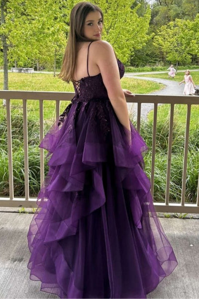 V Neck Open Back Purple Lace Long Prom Dress, Purple Lace Formal Dress, Purple Tulle Evening Dress A2607