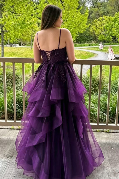 V Neck Open Back Purple Lace Long Prom Dress, Purple Lace Formal Dress, Purple Tulle Evening Dress A2607