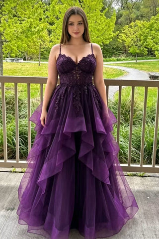 V Neck Open Back Purple Lace Long Prom Dress, Purple Lace Formal Dress, Purple Tulle Evening Dress A2607