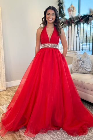 V Neck Open Back Red Long Prom Dress with Belt, Long Red Formal Graduation Evening Dress A2338