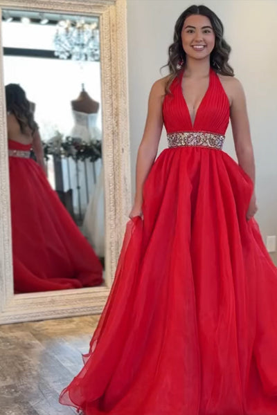 V Neck Open Back Red Long Prom Dress with Belt, Long Red Formal Graduation Evening Dress A2338