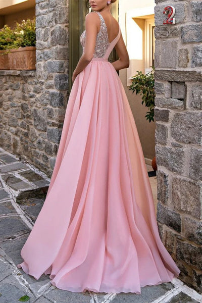 V Neck Pink Chiffon Lace Long Prom Dress with High Slit, Pink Formal Graduation Evening Dress A1924