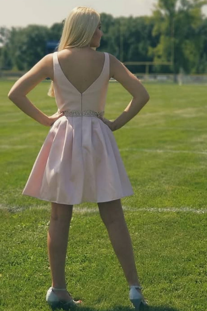 V Neck Pink Satin Short Prom Dress with Belt, Pink Homecoming Dress A2 abcprom V Neck Pink Satin Short Prom Dress with Belt, Pink Homecoming Dress A2 abcprom
