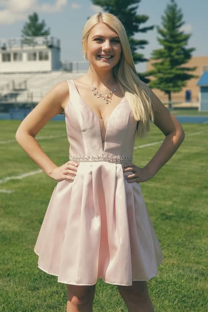 V Neck Pink Satin Short Prom Dress with Belt, Pink Homecoming Dress A2529