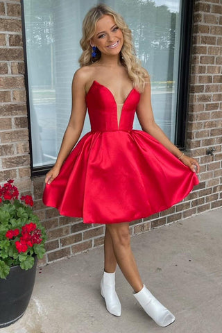 V Neck Red Satin Prom Dress, V Neck Red Homecoming Dress, Short Red Formal Graduation Evening Dress A1897