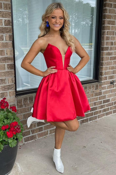 V Neck Red Satin Prom Dress, V Neck Red Homecoming Dress, Short Red Fo