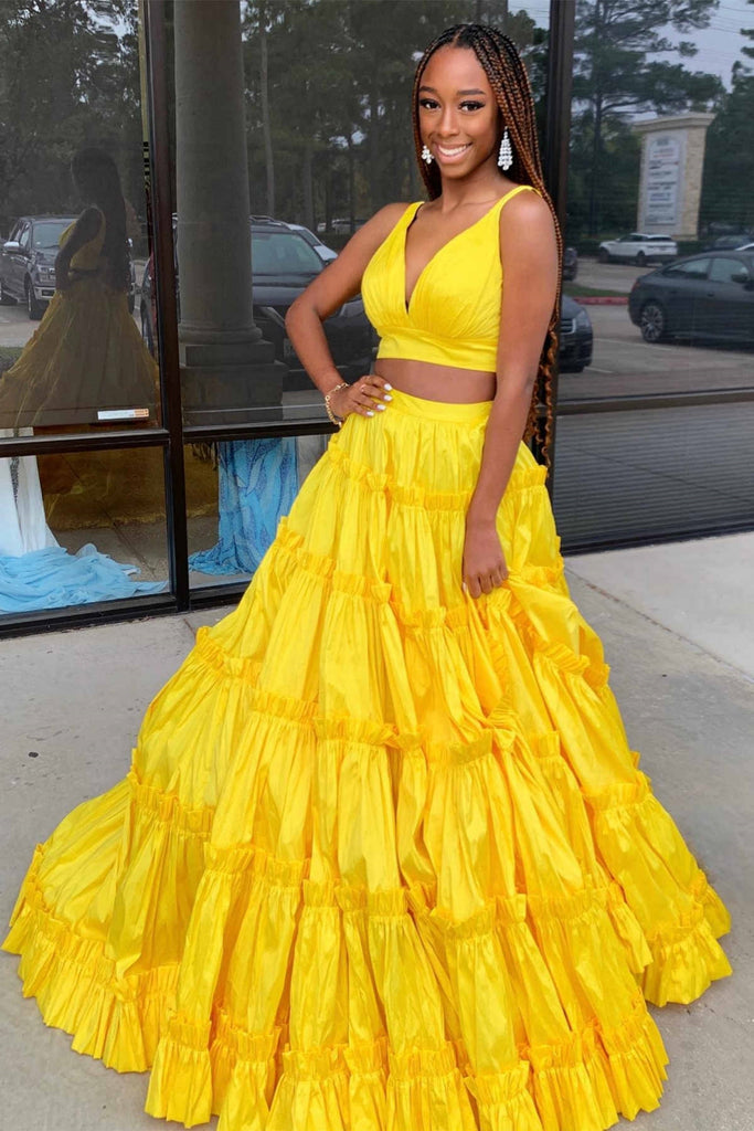 Homecoming Dresses Two Piece Yellow Dress Two Pieces High Low Lace Yellow Prom Dresses, Two Piece Homecoming Dresses Two Piece Yellow Dress Two Pieces High Low Lace Yellow Prom Dresses, Two Piece