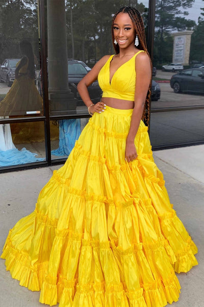V Neck Two Pieces Yellow Long Prom Dress, 2 Piece Yellow Formal Dress, Yellow Evening Dress A2028
