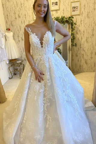 V Neck White Lace Long Prom Dress, White Lace Formal Dress, White Evening Dress A2348