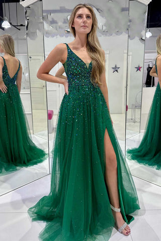 V Neck and V Back Green Sequins Long Prom Dress with High Slit, Green Beaded Formal Graduation Evening Dress A2025