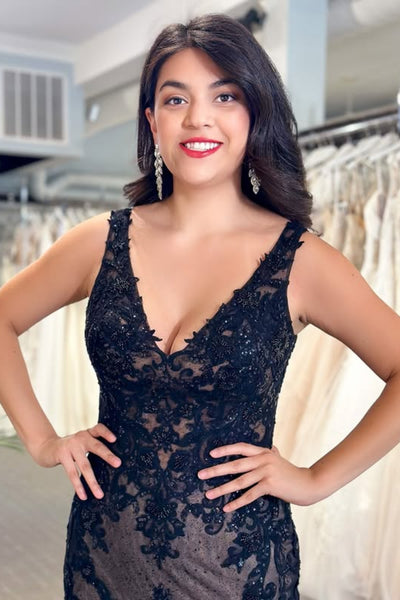 V Neck and V Back Mermaid Black Lace Long Prom Dress, Mermaid Black Formal Dress, Black Lace Evening Dress A2558