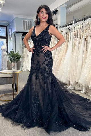 V Neck and V Back Mermaid Black Lace Long Prom Dress, Mermaid Black Formal Dress, Black Lace Evening Dress A2558