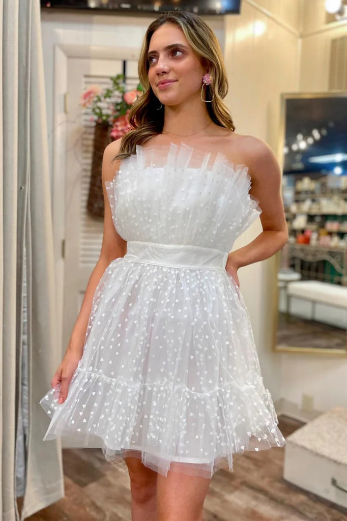 White Polka Dot Strapless Ruffle Short Prom Dress, White Tulle Homecom abcprom White Polka Dot Strapless Ruffle Short Prom Dress, White Tulle Homecom abcprom