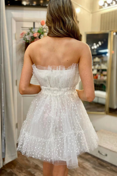 White Polka Dot Strapless Ruffle Short Prom Dress, White Tulle Homecoming Dress, White Formal Evening Dress A2145