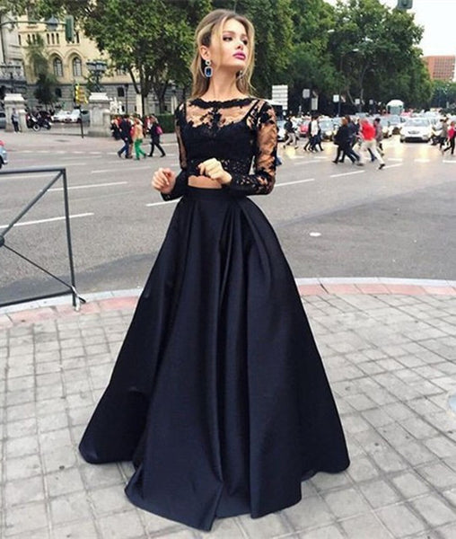 Modern Scoop Long Sleeves Lace Black Two-pieces Prom Dresses, Formal Dresses