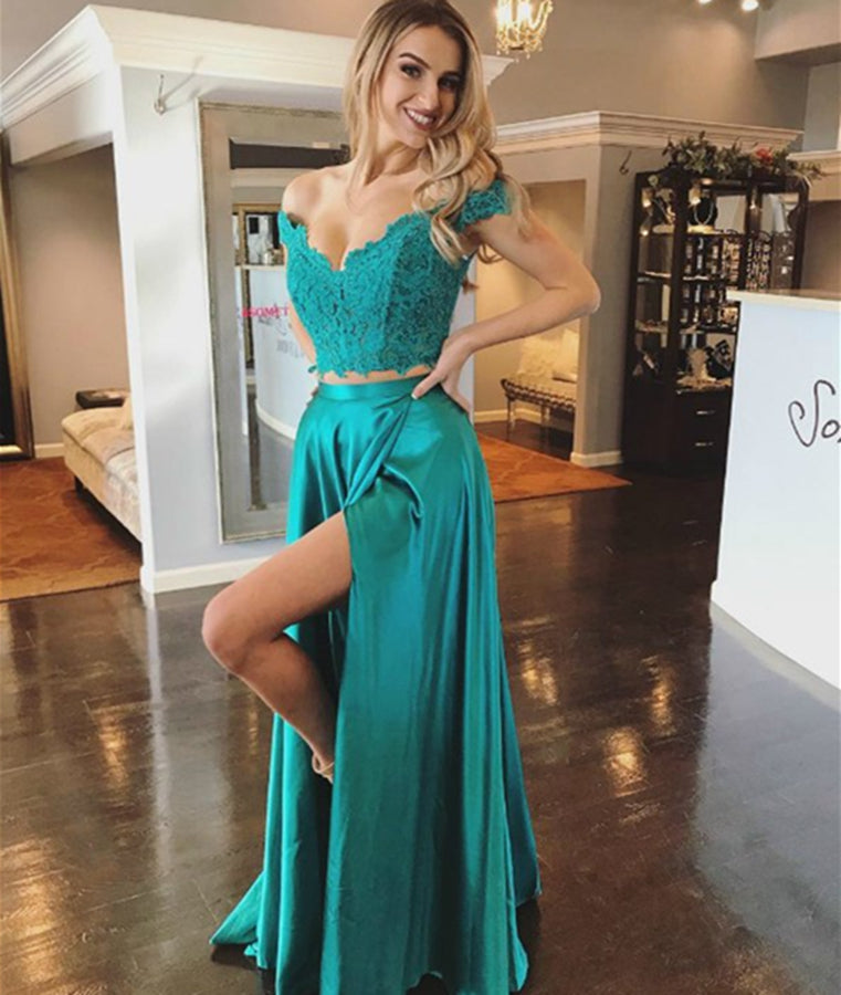 2 Pieces Off Shoulder Lace Green Satin Long Prom Dress with High Slit, Green Lace Graduation Dress, Formal Dress
