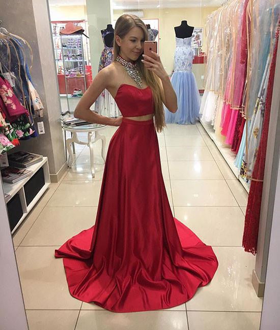 2 Pieces Sweetheart Neck Red Satin Long Prom Dress, Red Formal Dress, Red Graduation Dress