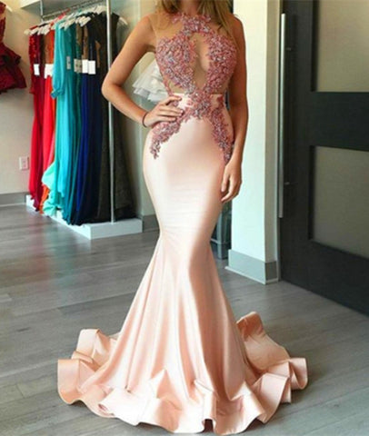 Custom Made Applique Sleeveless Pink Long Prom Dresses, Mermaid Pink Evening Dresses