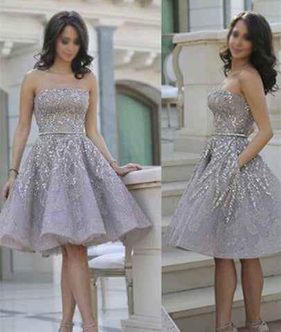 Hot Selling Strapless Knee-Length Lavender Organza Homecoming Dresses With Beading Sash Pockets