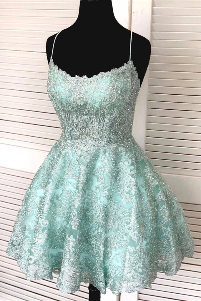 A-Line Spaghetti Straps Backless Mint Green Lace Short Prom Dress, Bac abcprom A-Line Spaghetti Straps Backless Mint Green Lace Short Prom Dress, Bac abcprom