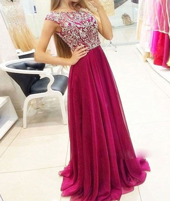 A-Line Crystal Chiffon Prom Dresses Open Back Beading Zipper Evening Gown, Formal Dresses