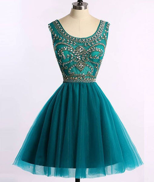A-Line Round-Neck Short Green Prom Dresses, Green Homecoming Dresses