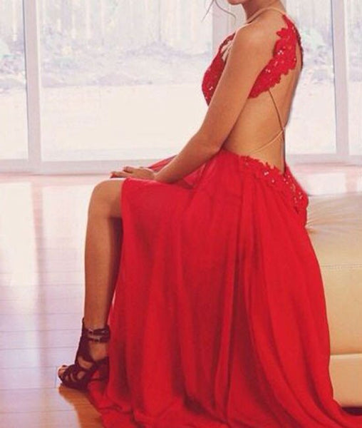 A-Line Round Neck Red Lace Backless Prom Dresses, Red Lace Evening Dresses