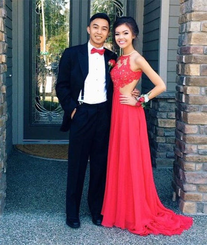 A-Line Round Neck Red Lace Backless Prom Dresses, Red Lace Evening Dresses