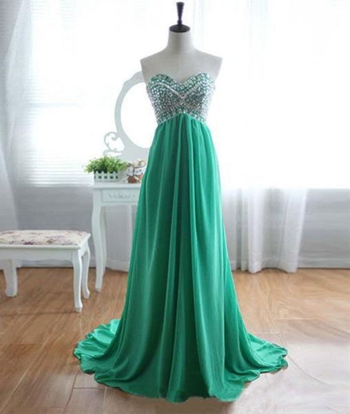 A-Line Strapless Sweetheart Neck Green Chiffon Long Prom Dresses, Green Evening Dresses