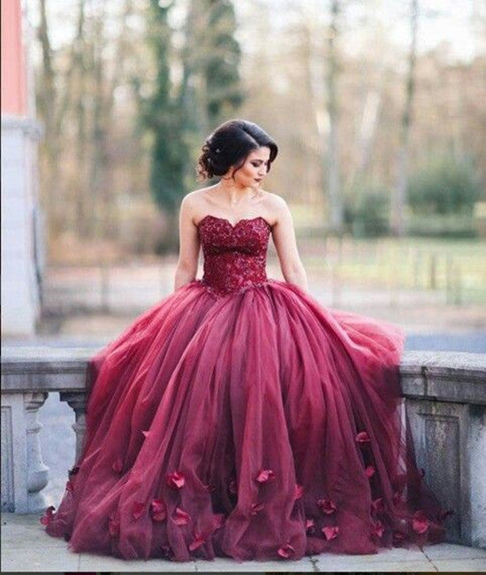 A-Line Sweetheart Neck Tulle Lace Burgundy Prom Dresses, Burgundy Evening Dresses