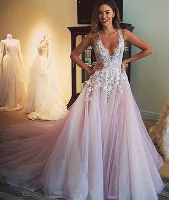 A-Line V-Neck Lace Long Prom Dresses, Wedding Dresses, Prom Gown