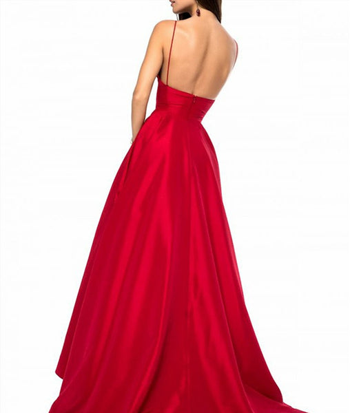 A-Line V Neck Spaghetti Straps Backless Sweep Train Red Satin Long Prom Dress, Red Formal Dress, Evening Dress
