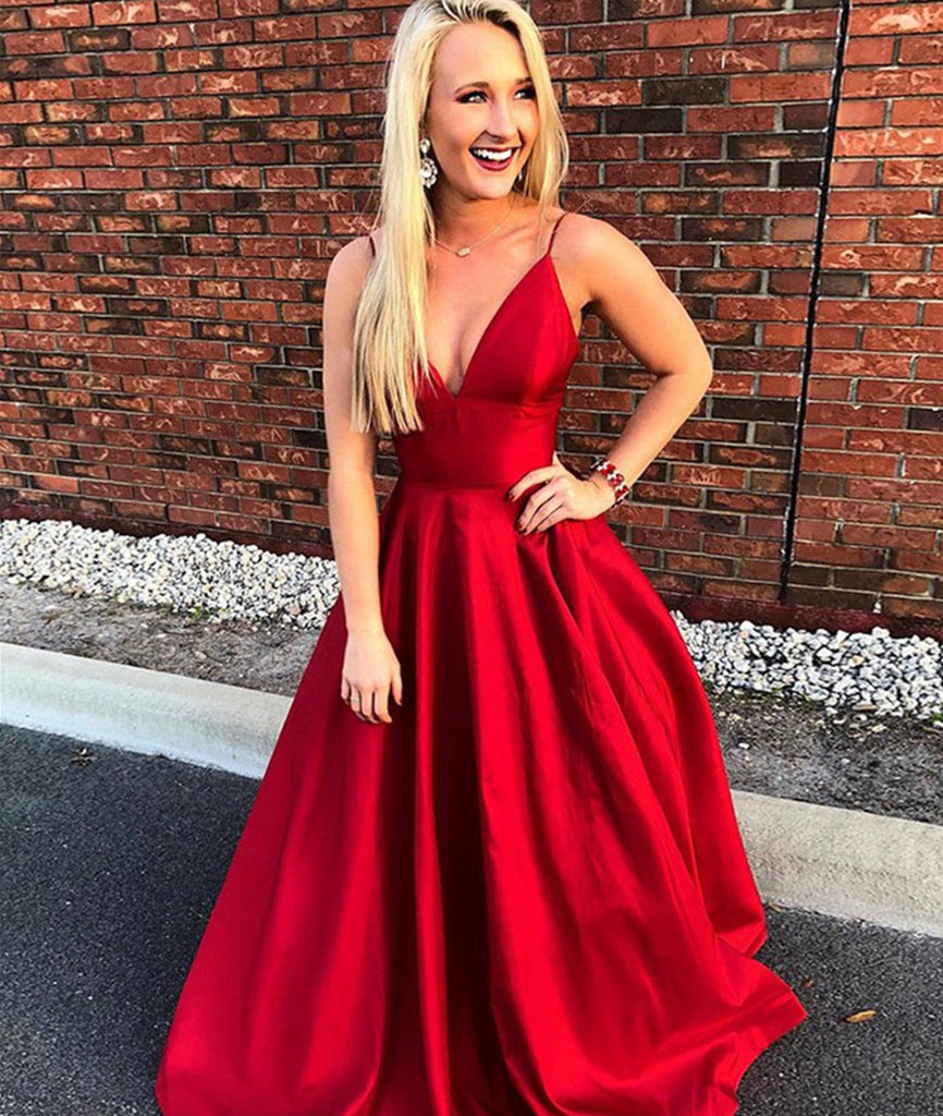 A-Line V Neck Spaghetti Straps Backless Sweep Train Red Satin Long Pro –  abcprom