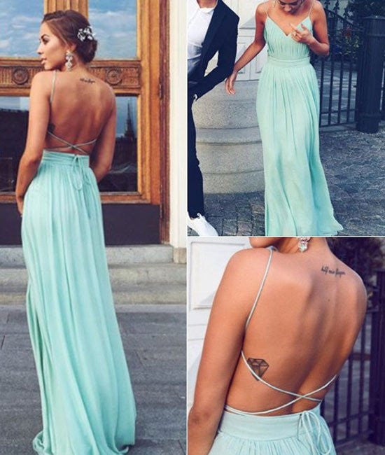 A-line Backless Chiffon Green Long Prom Dresses, Green Evening Dresses