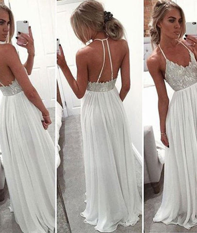 A-line Backless Long Prom Dresses, Formal Dresses, White Evening Dresses