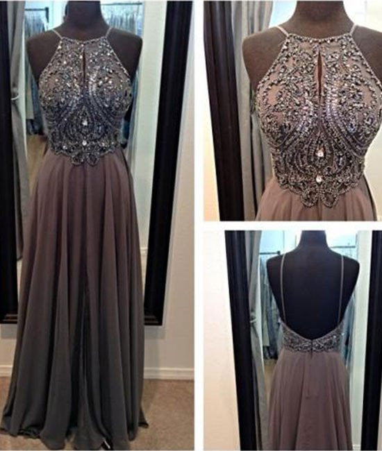 Grey chiffon sparkly beaded prom dress hot sale