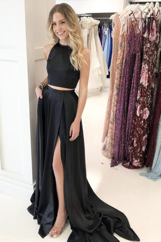 A Line 2 Pieces Black Satin Long Prom Dress with Slit, Two Pieces Black Formal Graduation Evening Dress