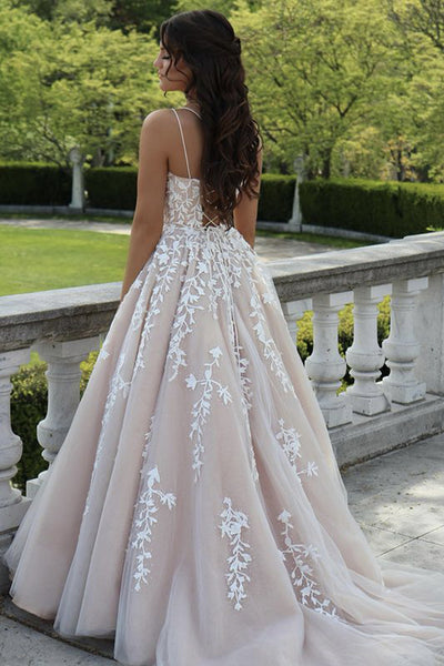 A Line Backless Champagne Lace Long Prom Dress, Champagne Lace Formal Dress, Champagne Evening Dress A1289