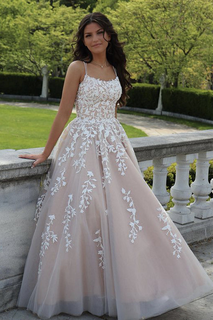 A Line Backless Champagne Lace Long Prom Dress, Champagne Lace Formal abcprom A Line Backless Champagne Lace Long Prom Dress, Champagne Lace Formal abcprom