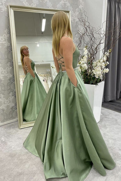 A Line Backless Green Satin Long Prom Dress, Backless Green Formal Graduation Evening Dress A1311