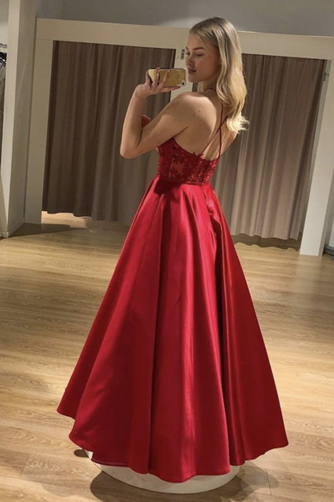 A Line Backless Long Red Lace Prom Dress, Red Lace Formal Dress, Red Evening Dress A Line Backless Long Red Lace Prom Dress, Red Lace Formal Dress, Red Evening Dress